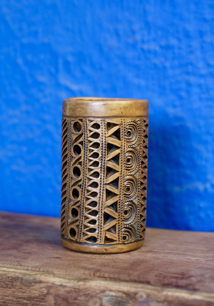 Oaxacan Hand Carved Natural Clay Vase - Geometric