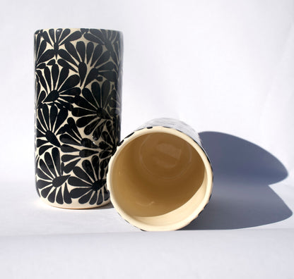 Ceramic Black and White Floral Cups - Set of Two