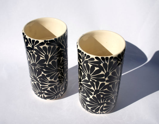 Ceramic Black and White Floral Cups - Set of Two