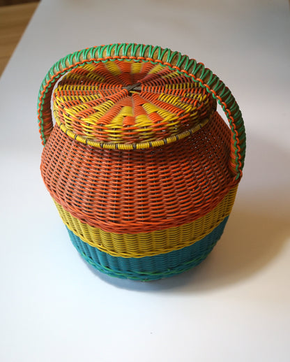 Colorful Vintage Basket with Handle and Lid