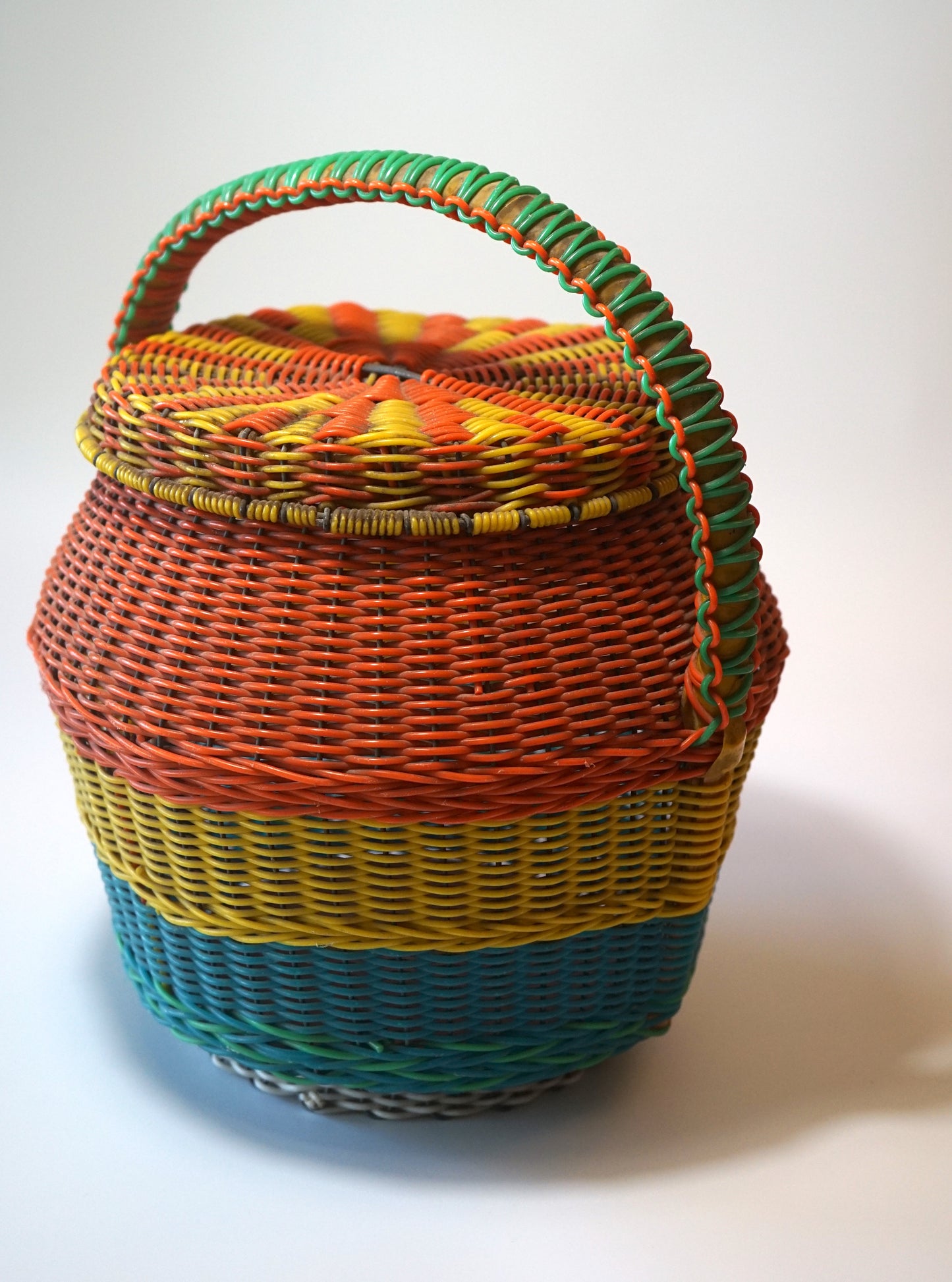 Colorful Vintage Basket with Handle and Lid