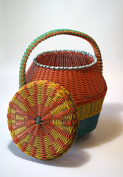 Colorful Vintage Basket with Handle and Lid