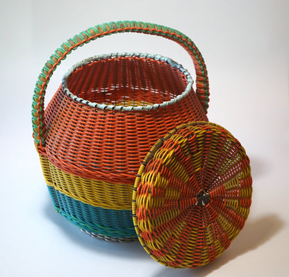 Colorful Vintage Basket with Handle and Lid