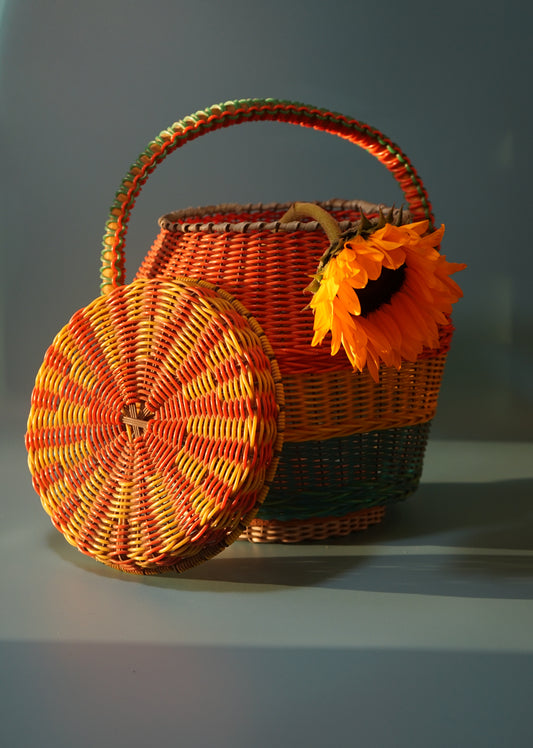 Colorful Vintage Basket with Handle and Lid