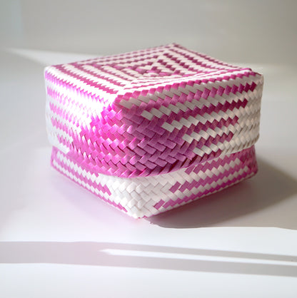 Pink & White Handwoven Basket w/ Lid