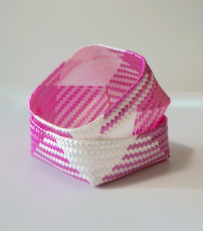 Pink & White Handwoven Basket w/ Lid