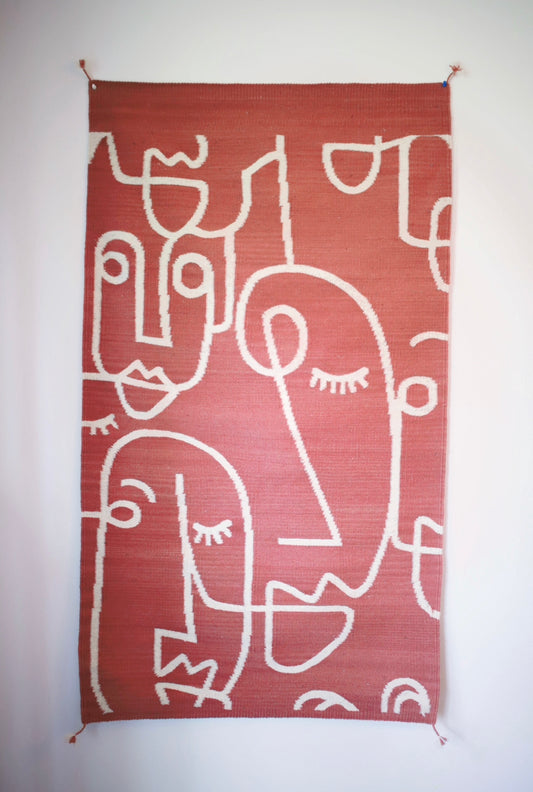 Handwoven Oaxacan Rug - Dusty Rose Abstract Faces
